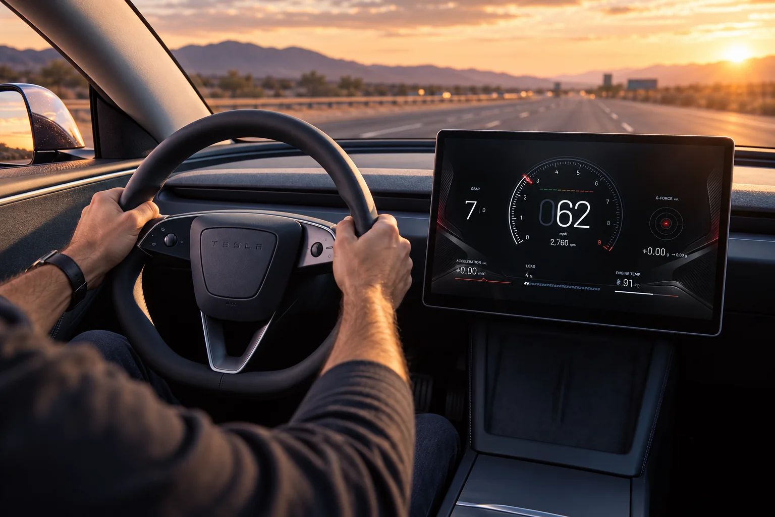 A driver at the wheel of a Tesla, with the revmeup cockpit on the touchscreen and an open road at sunset.